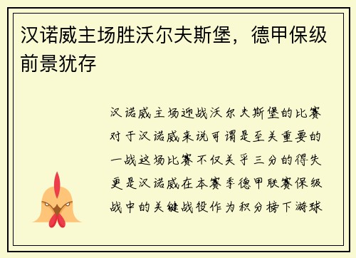 汉诺威主场胜沃尔夫斯堡，德甲保级前景犹存