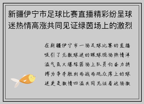 新疆伊宁市足球比赛直播精彩纷呈球迷热情高涨共同见证绿茵场上的激烈对决